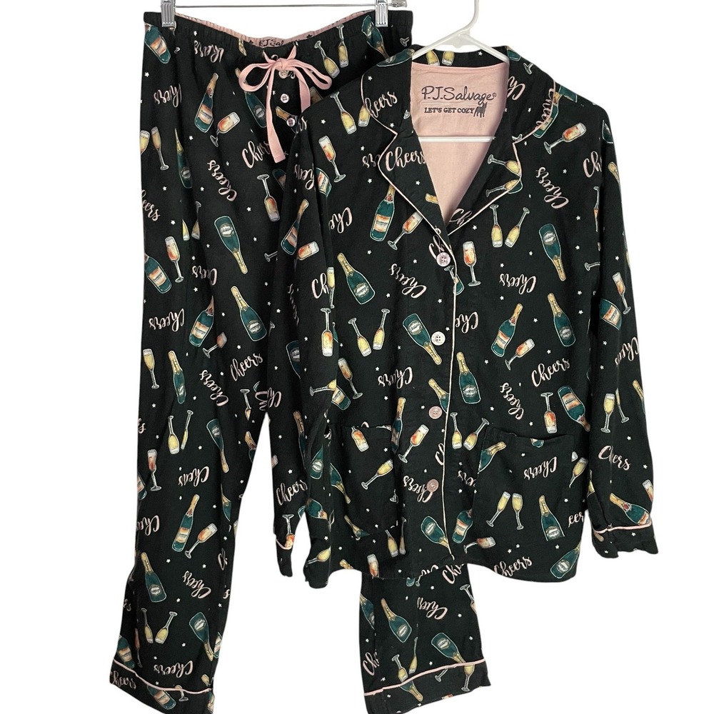 PJ Salvage Womens Champagne Cheers Pajama Set Size M Black Flannel New Years